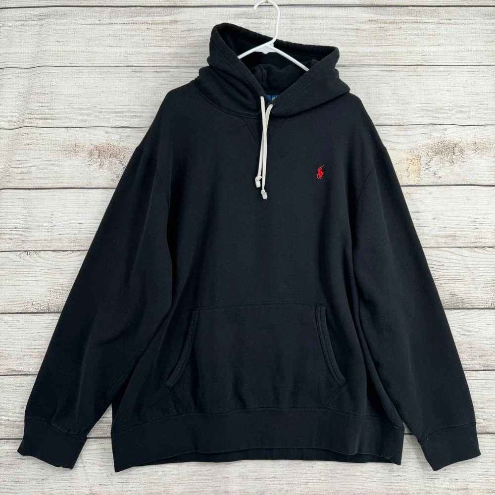 Polo Ralph Lauren Hoodie Mens XXL Black Red Pony Logo Fleece Pullover